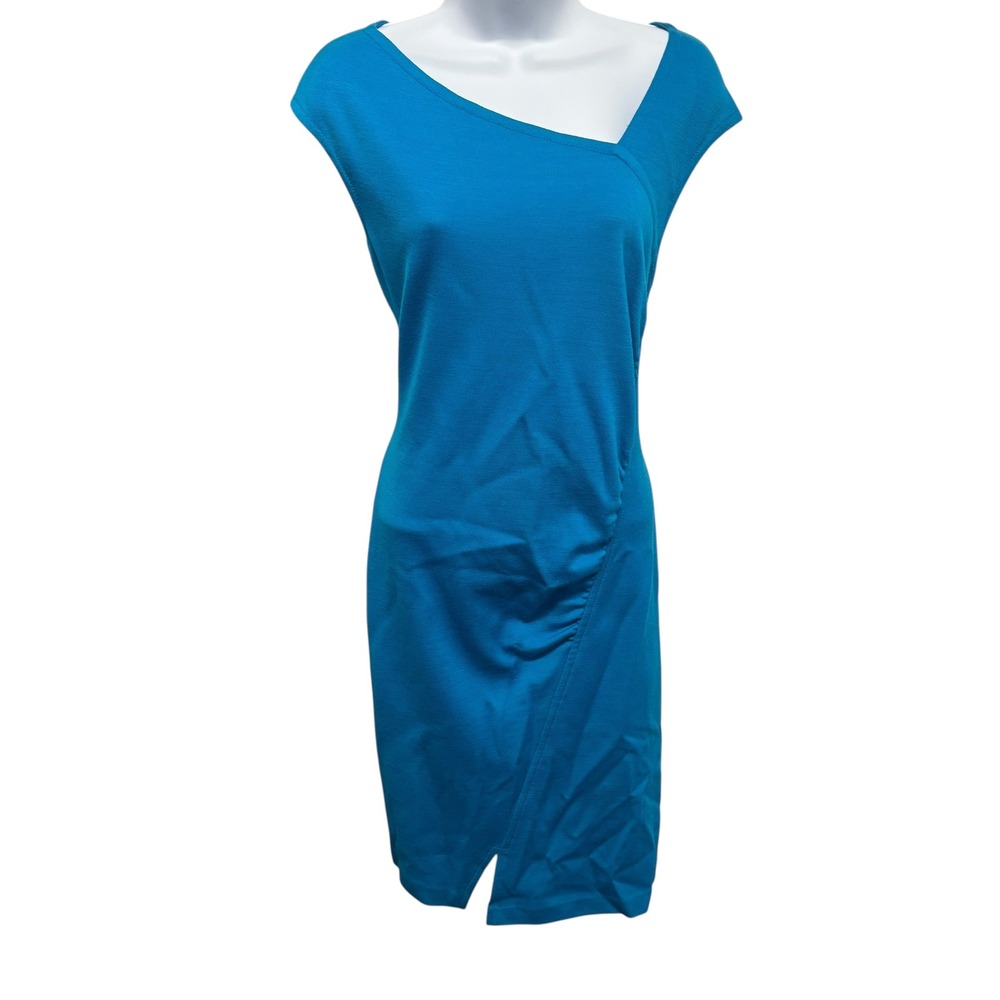 St. John Turquoise Blue Asymmetrical Knit Sheath Dress Size 6 Ruched Wrap Front - Picture 2 of 14